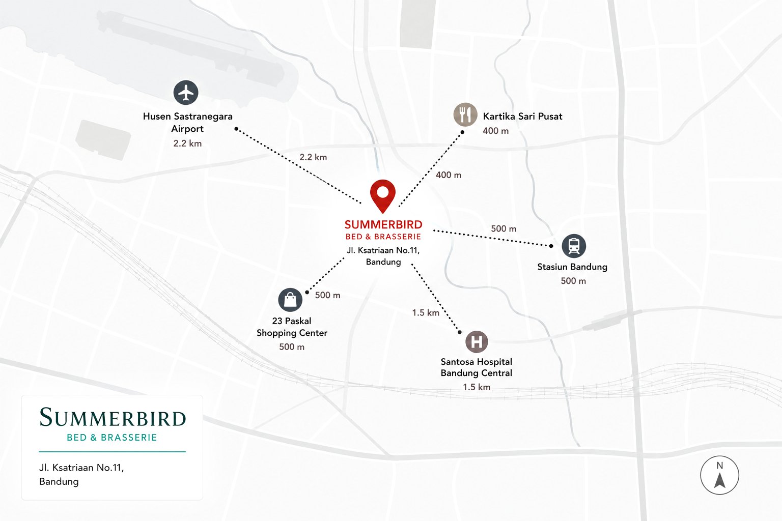 Peta lokasi Summerbird Bed & Brasserie Bandung — dekat Stasiun Bandung, Bandara Husein Sastranegara, 23 Paskal & Kartika Sari